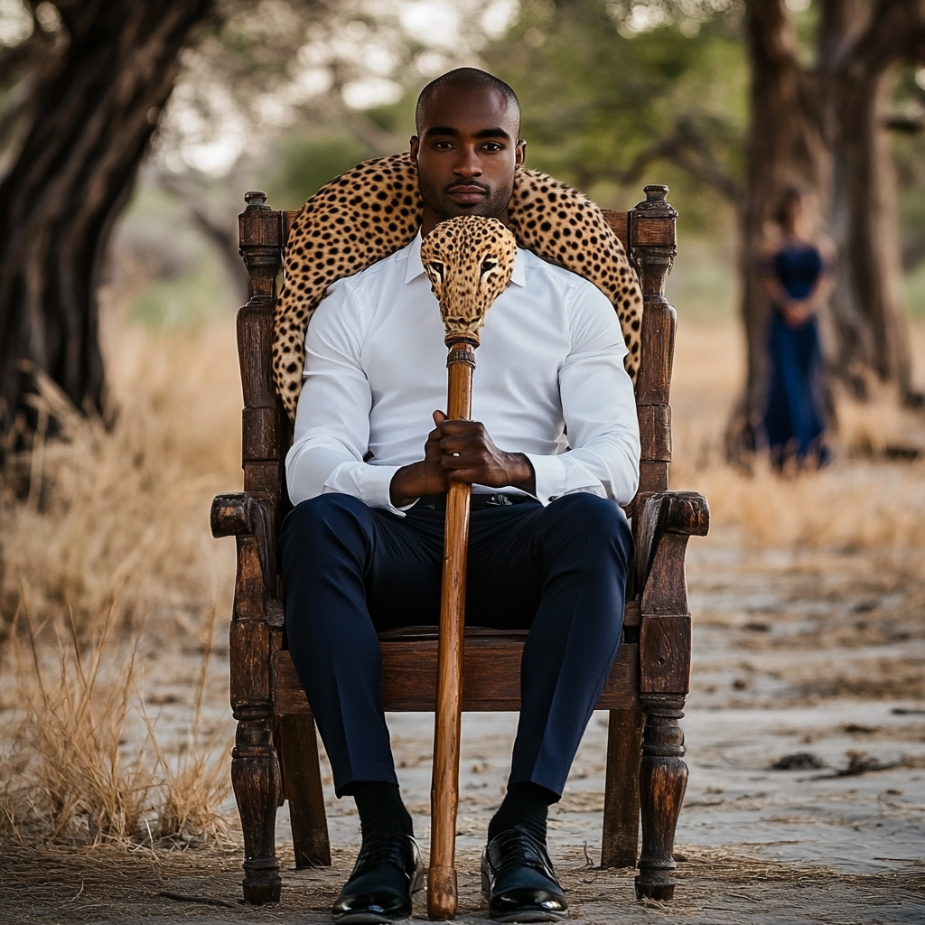 Botswana wedding groom holds wooden staff, sits royal chair.