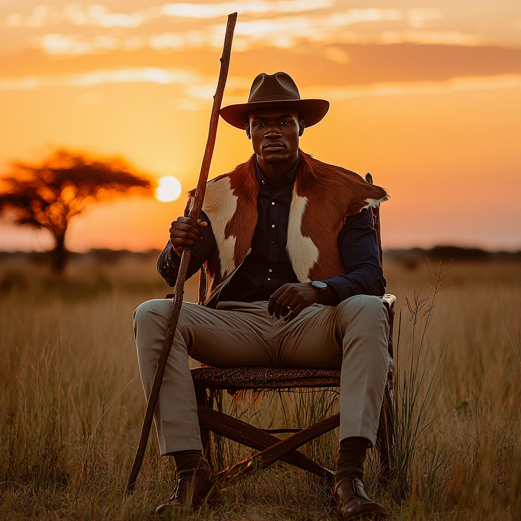 Botswana wedding groom in traditional attire, regal photoshoot.