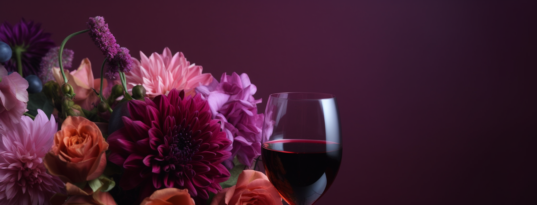 Bouquet of flowers, pink to purple gradient, wine glass