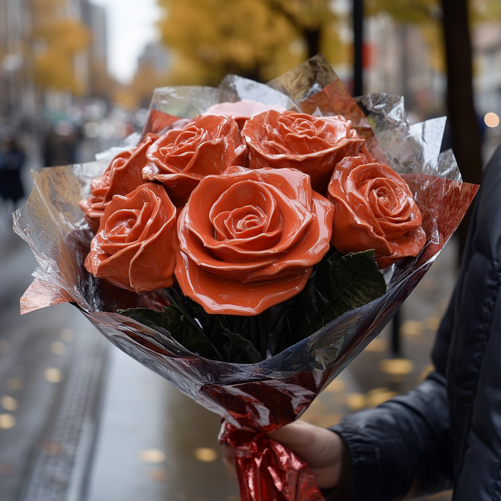 Bouquet of milk chocolate roses for girlfriend, Japanese man smiling.