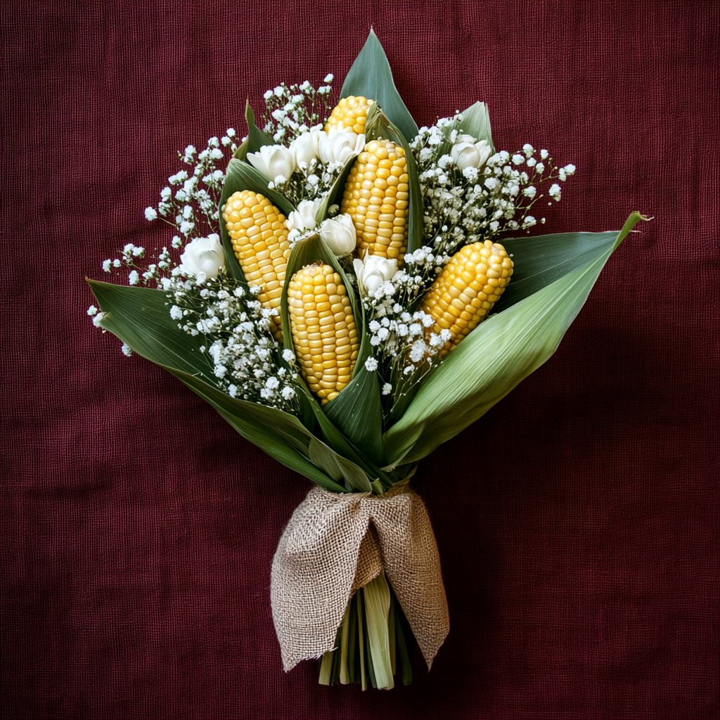 Bouquet of yellow and white corn on red background.