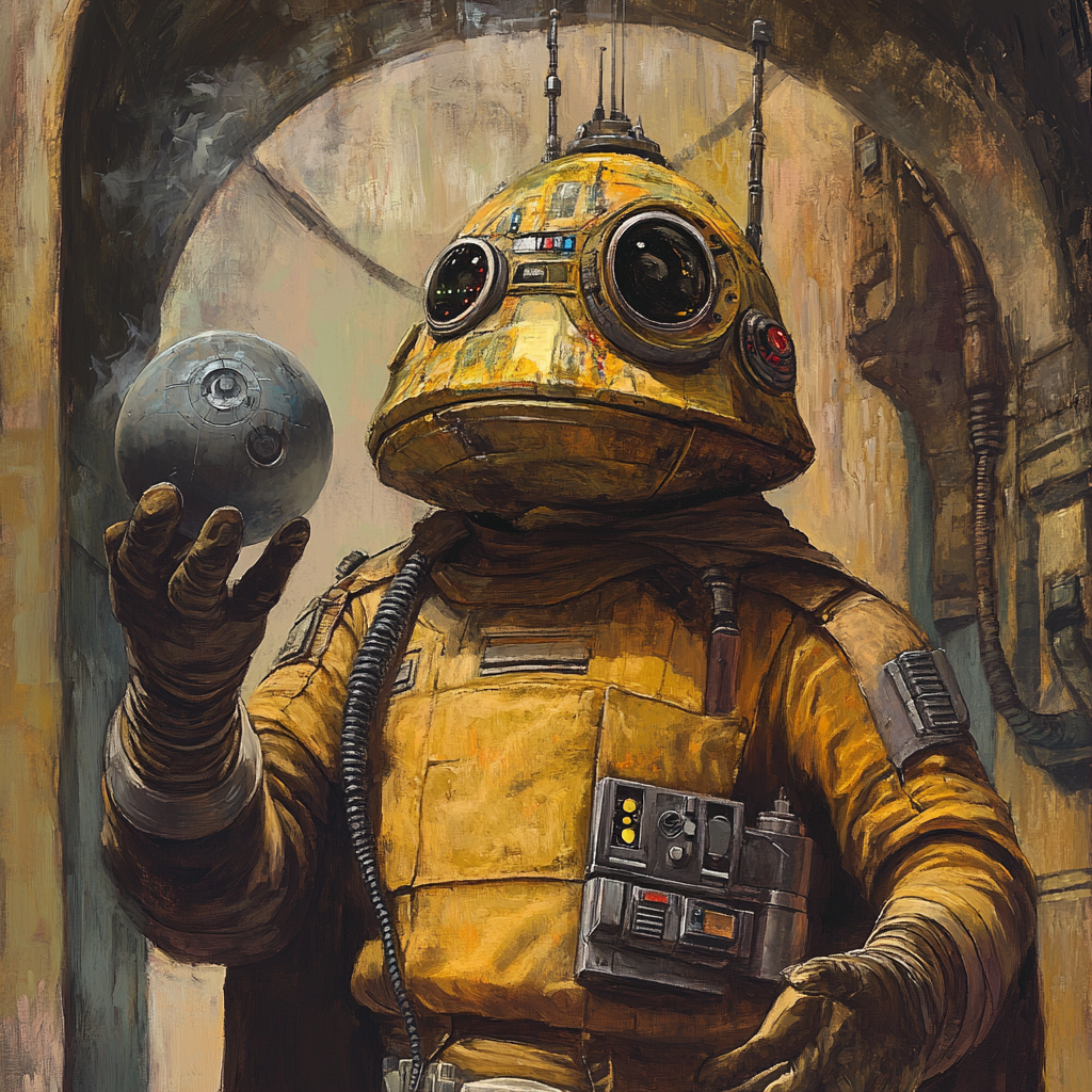 Boushh in Star Wars holds tech bomb in palace.