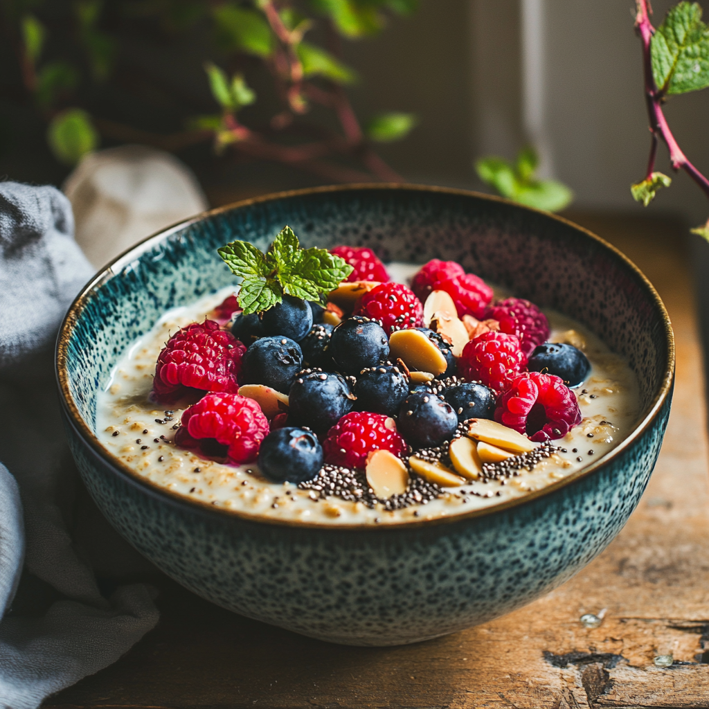 Bowl of colorful overnight oats with fresh berries.