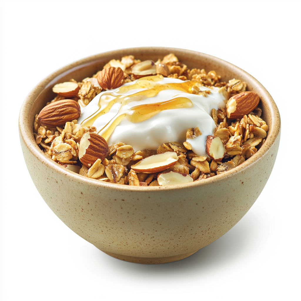 Bowl of golden granola with vanilla yoghurt, honey drizzle.