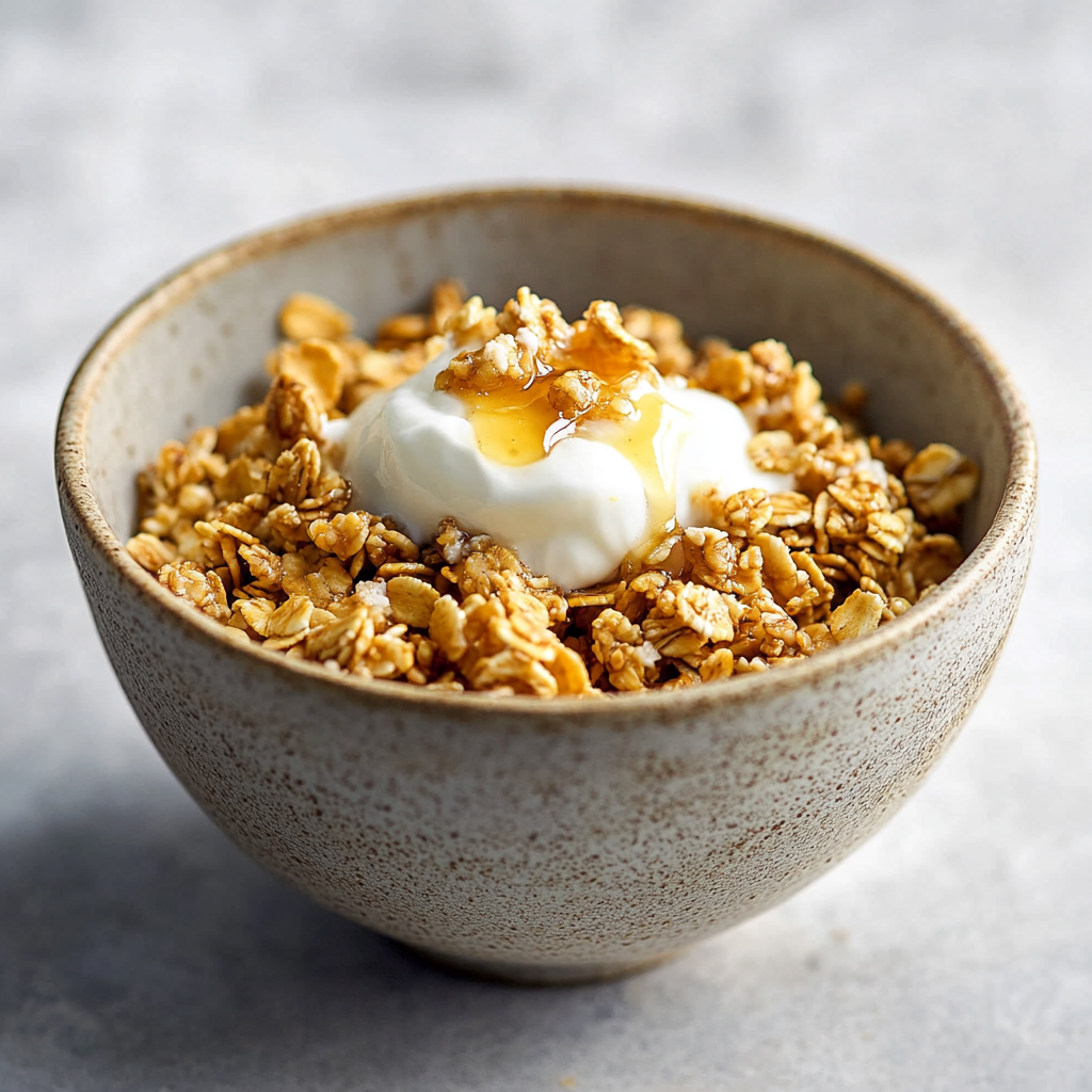 Bowl of golden granola with yogurt and honey on top.