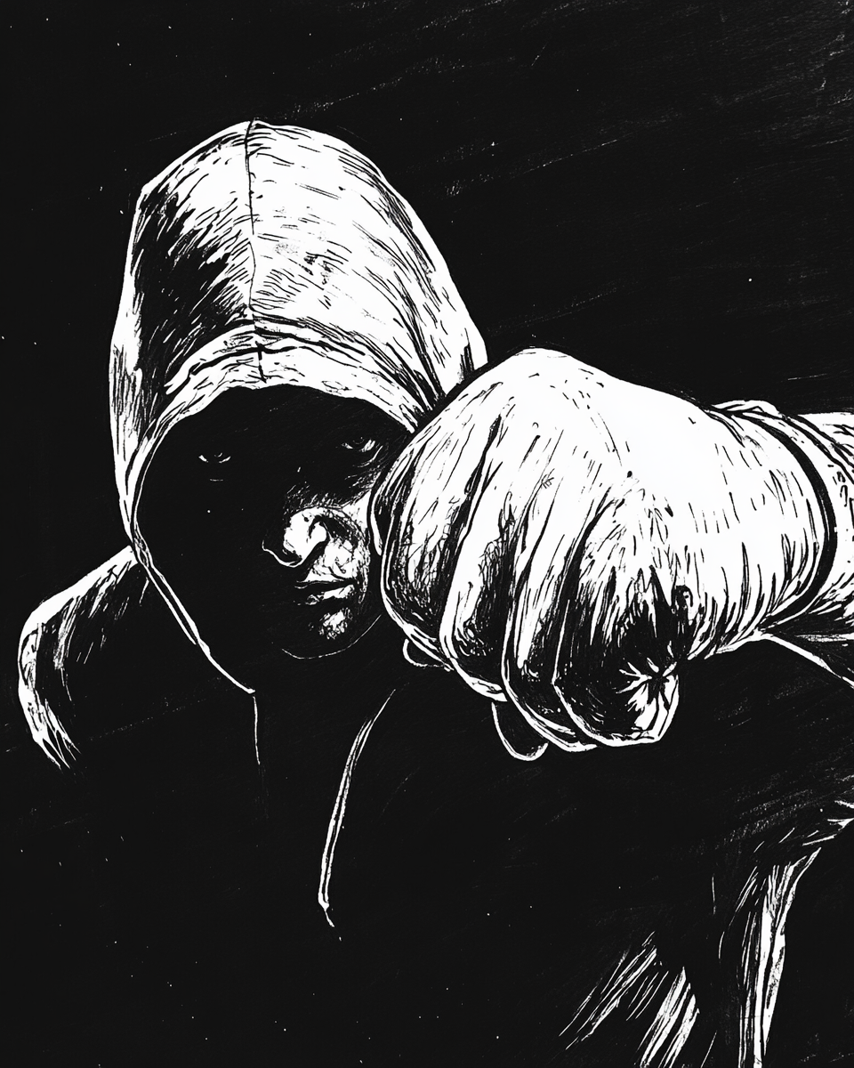 Boxer in black hoody throwing punch in shadows.