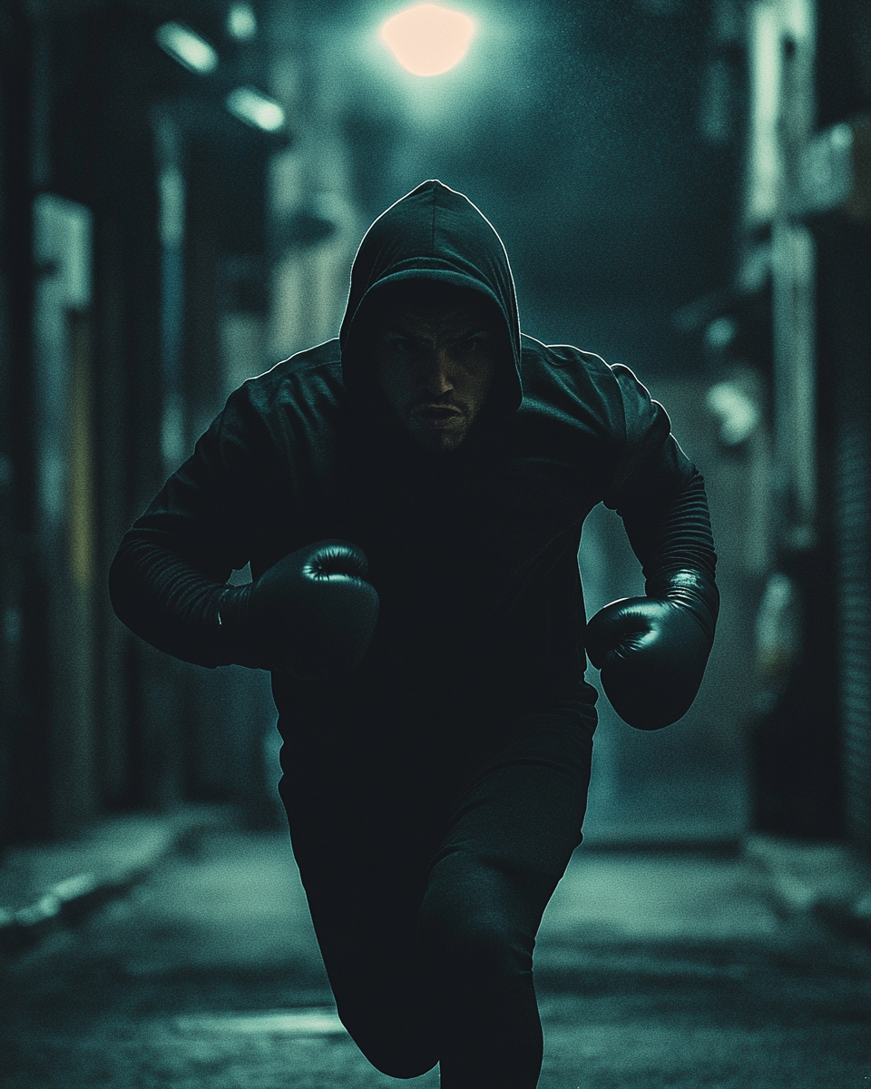 Boxer in hooded sweatshirt throwing punches on dark street.