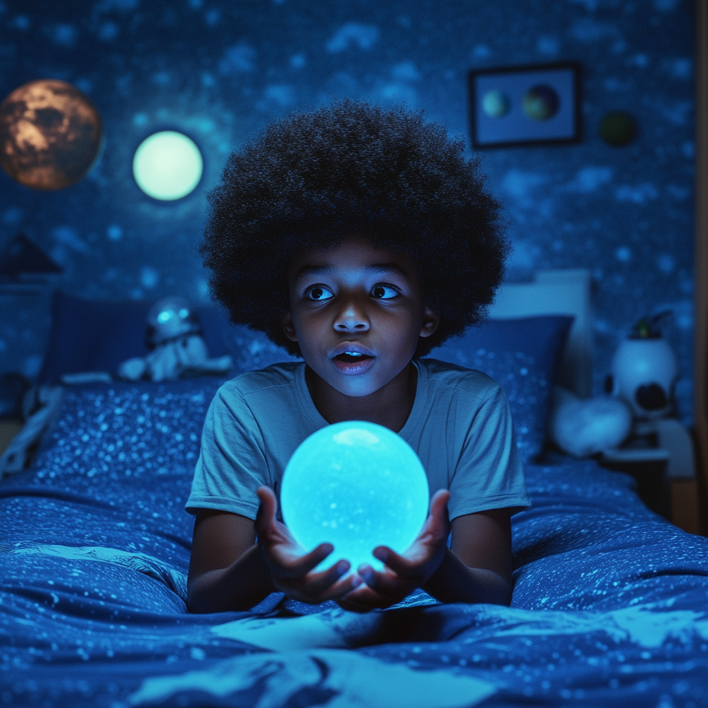 Boy's Cosmic Wonder: The Glowing Blue Orb