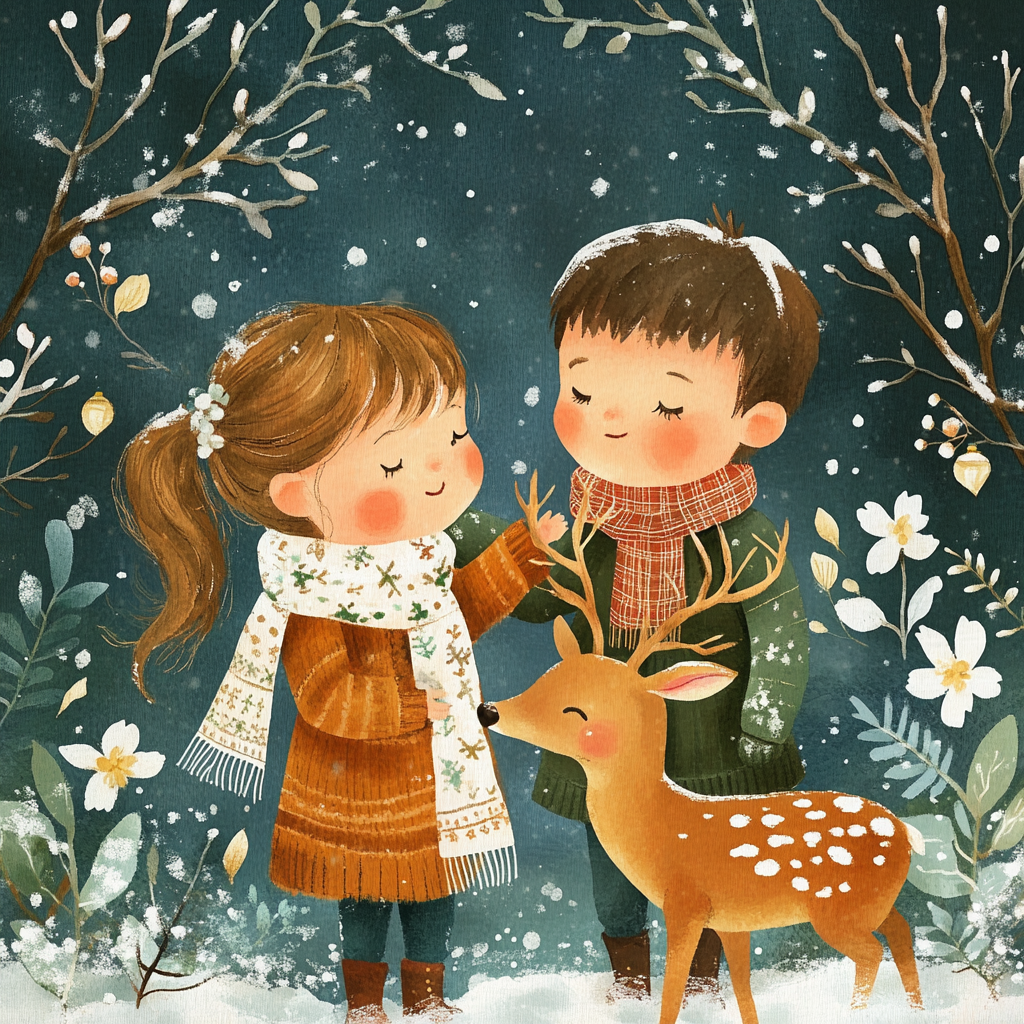 Boy, girl, deer, snow, greenery, flowers, scarves, Christmas, details.
