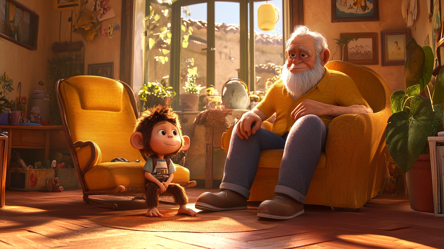 Boy, monkey, and grandpa bond in cozy living room.