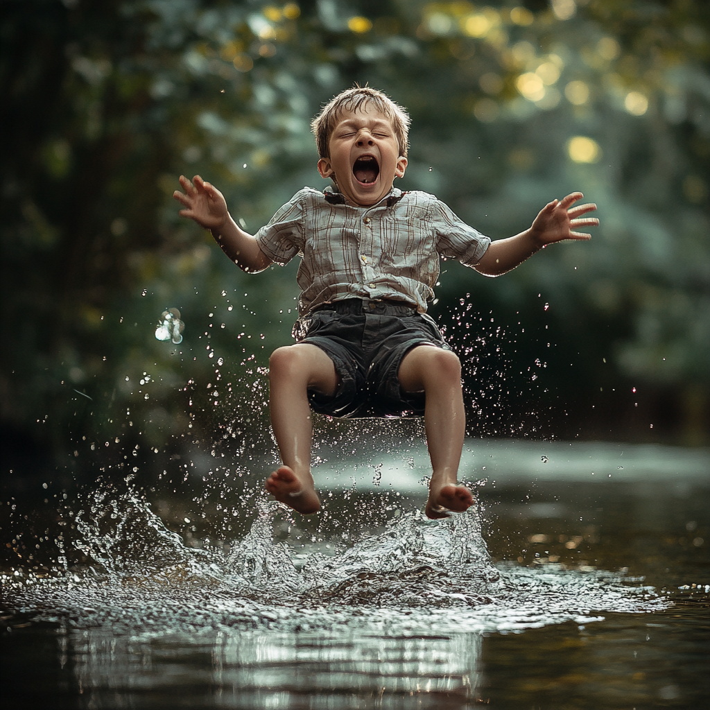 Boy Falling Into Pond, Scared Expression, Cinematic Capture 