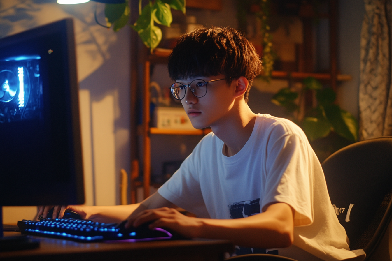 Boy Playing Computer Games in Cozy Room