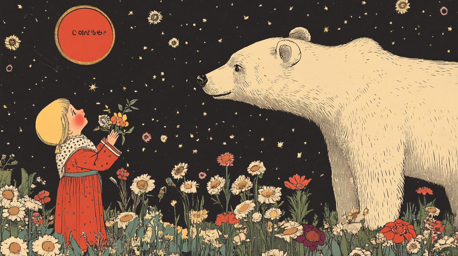 Boy and Bear Slavic Folk Art Illustration Night Sky