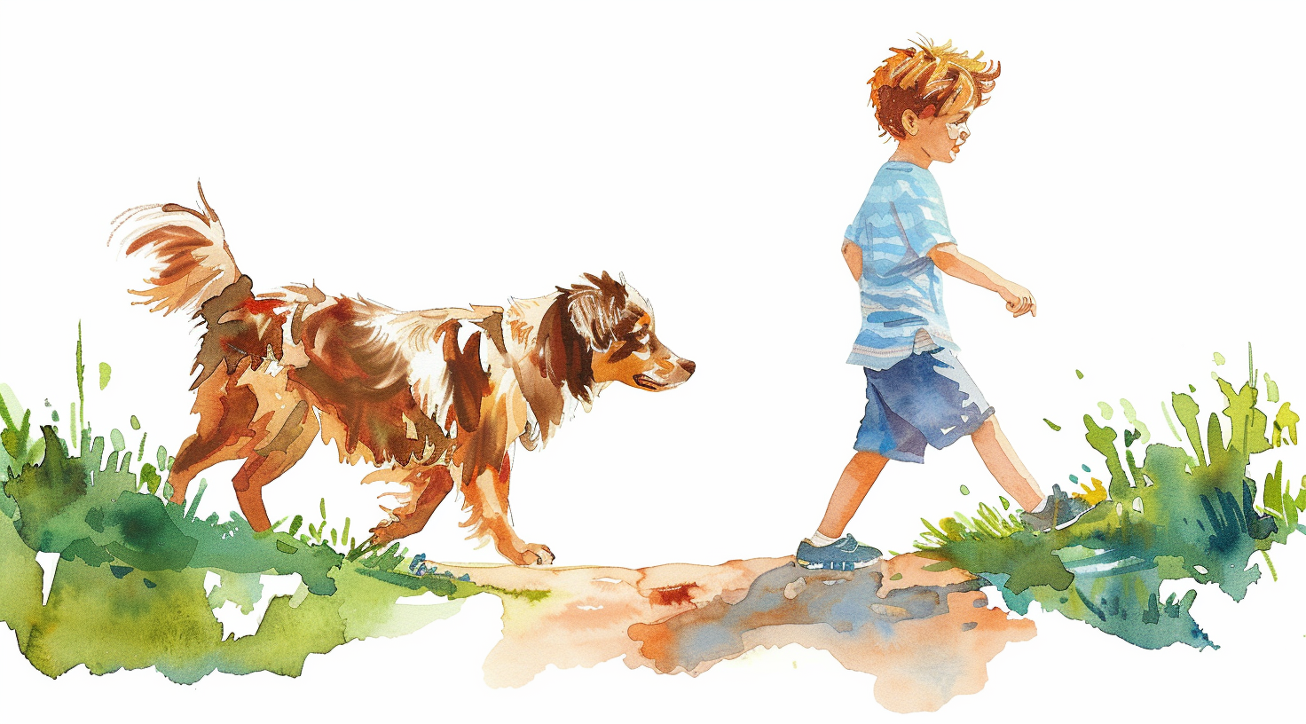 Boy and Puppy Walking on Path in Watercolor