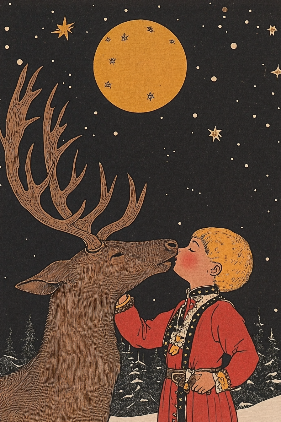 Boy and deer in Slavic folk art style