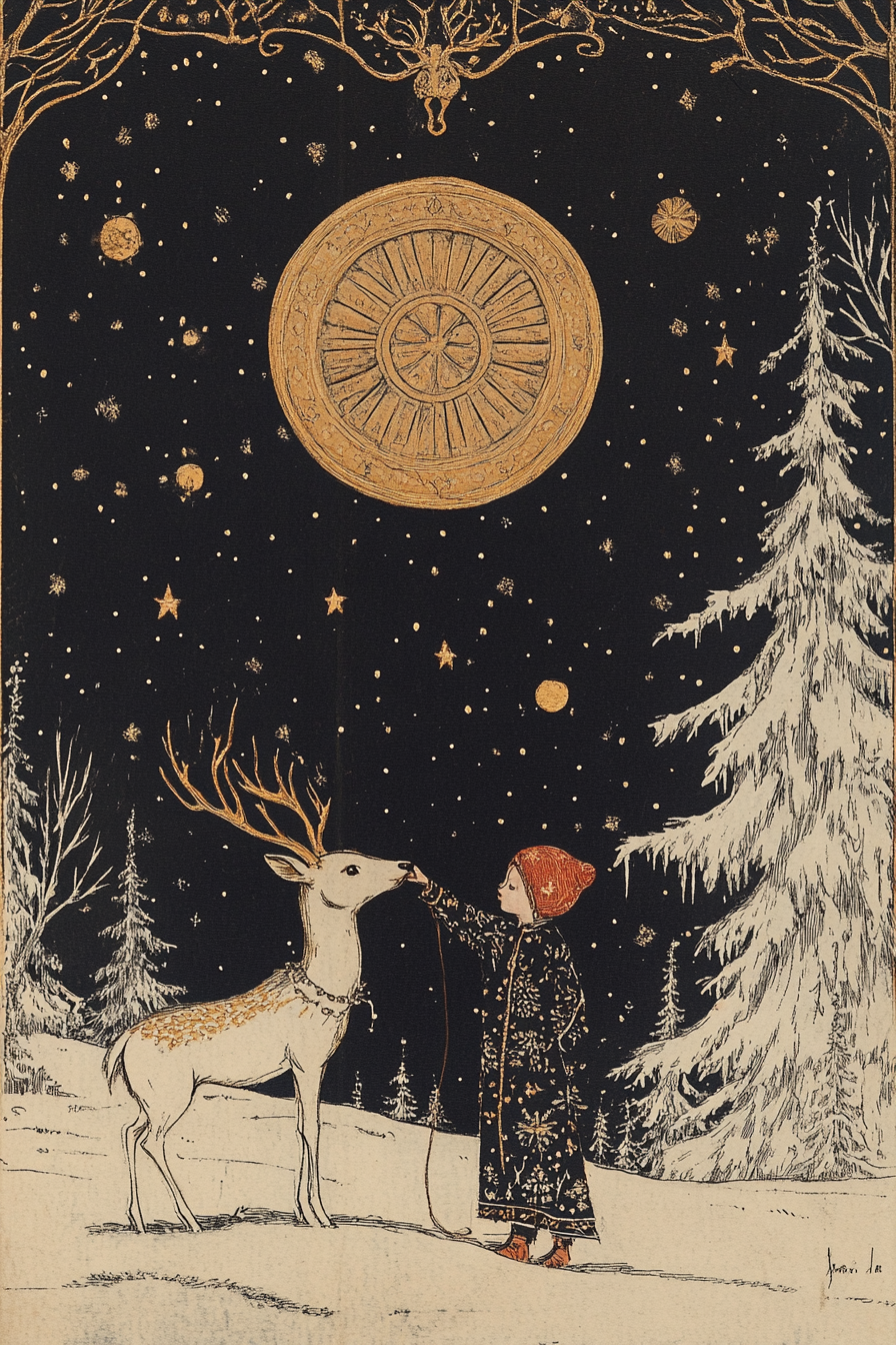 Boy and deer on night sky background, Slavic folk art