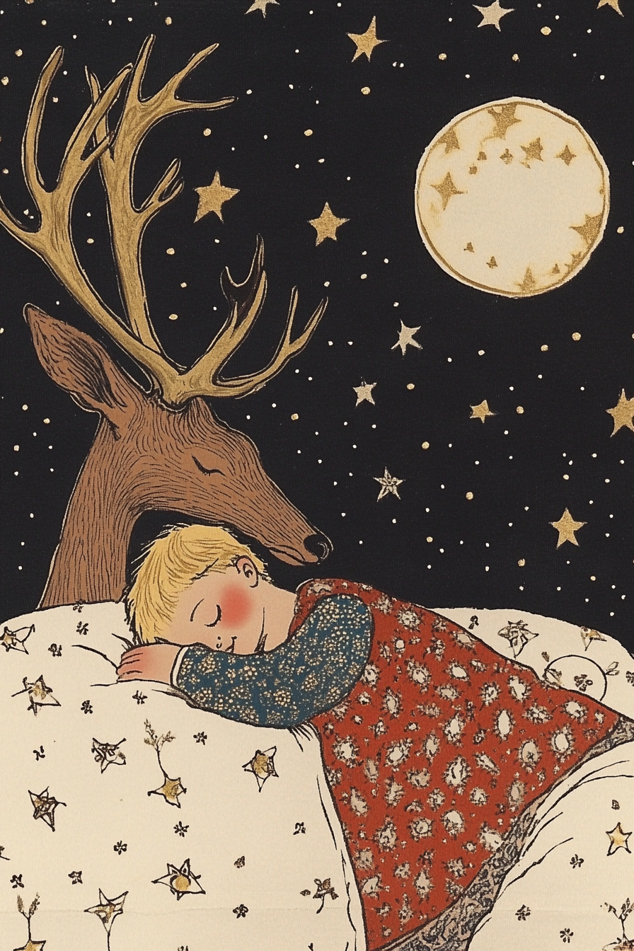 Boy and deer sleep under starry sky