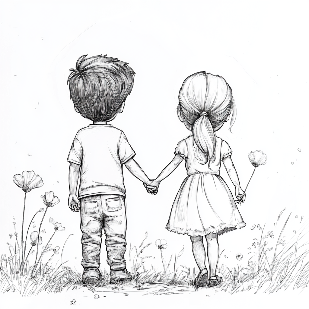 Boy and girl holding hands in simple outlined drawing.