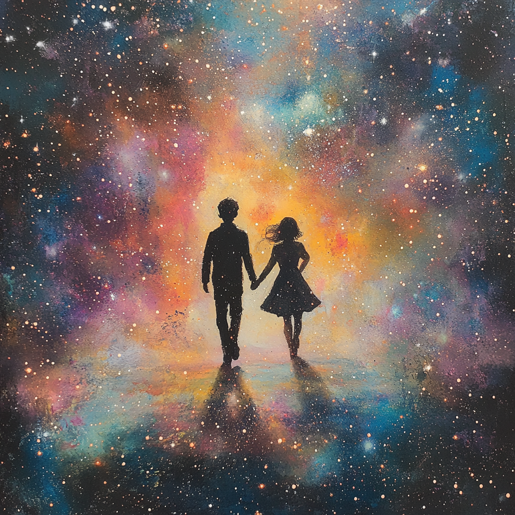 Boy and girl in space with cosmic fireflies