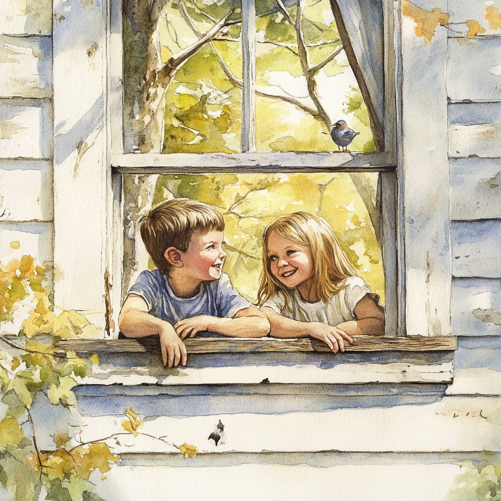 Boy and girl smiling by window, trees, birds outside.