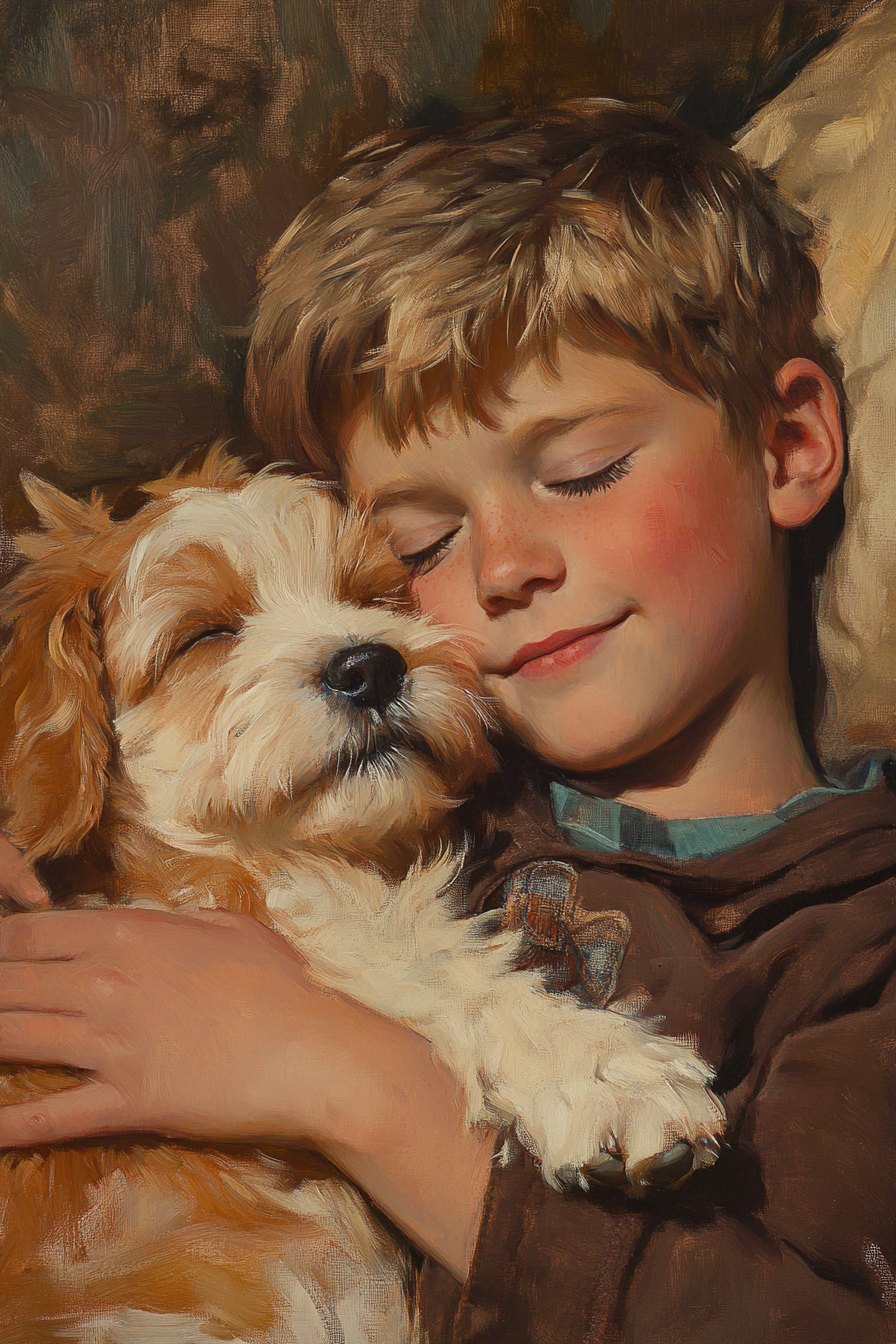 Boy and puppy showing special bond in illustration.