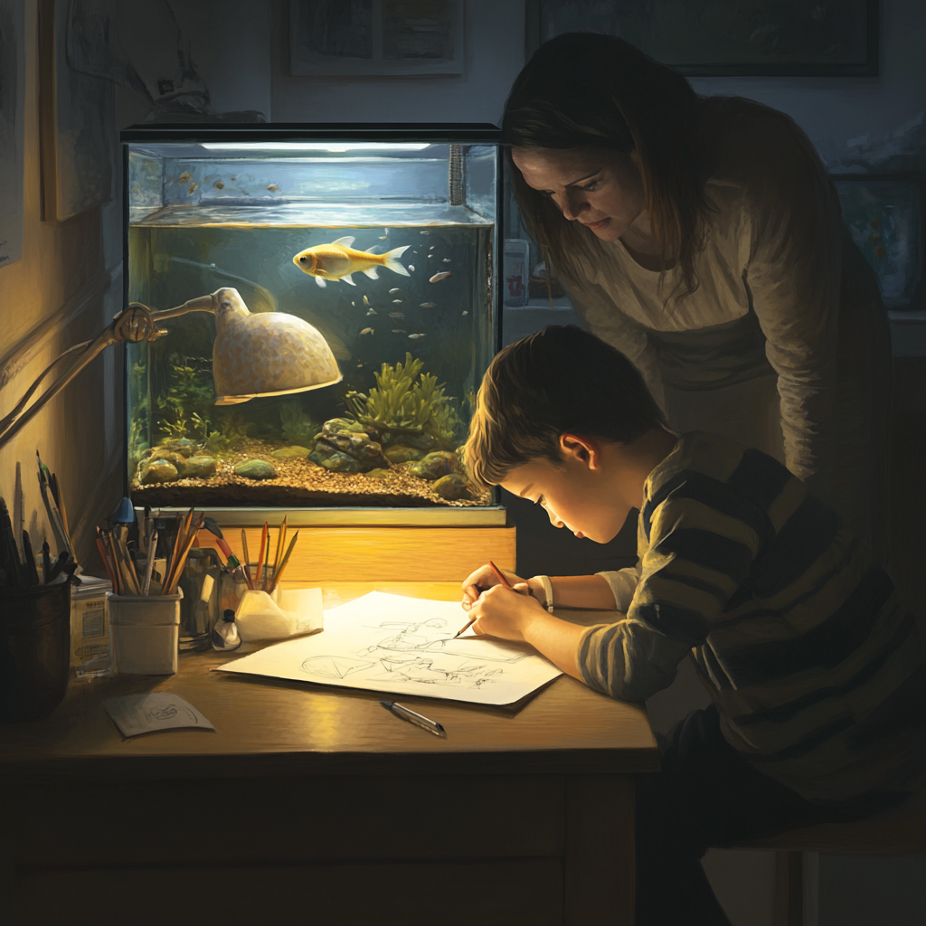 Boy drawing on desk as mother watches fish tank.