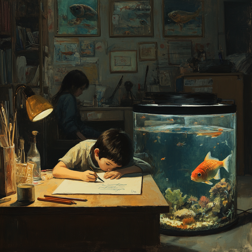 Boy drawing pictures, mother setting up fish tank.