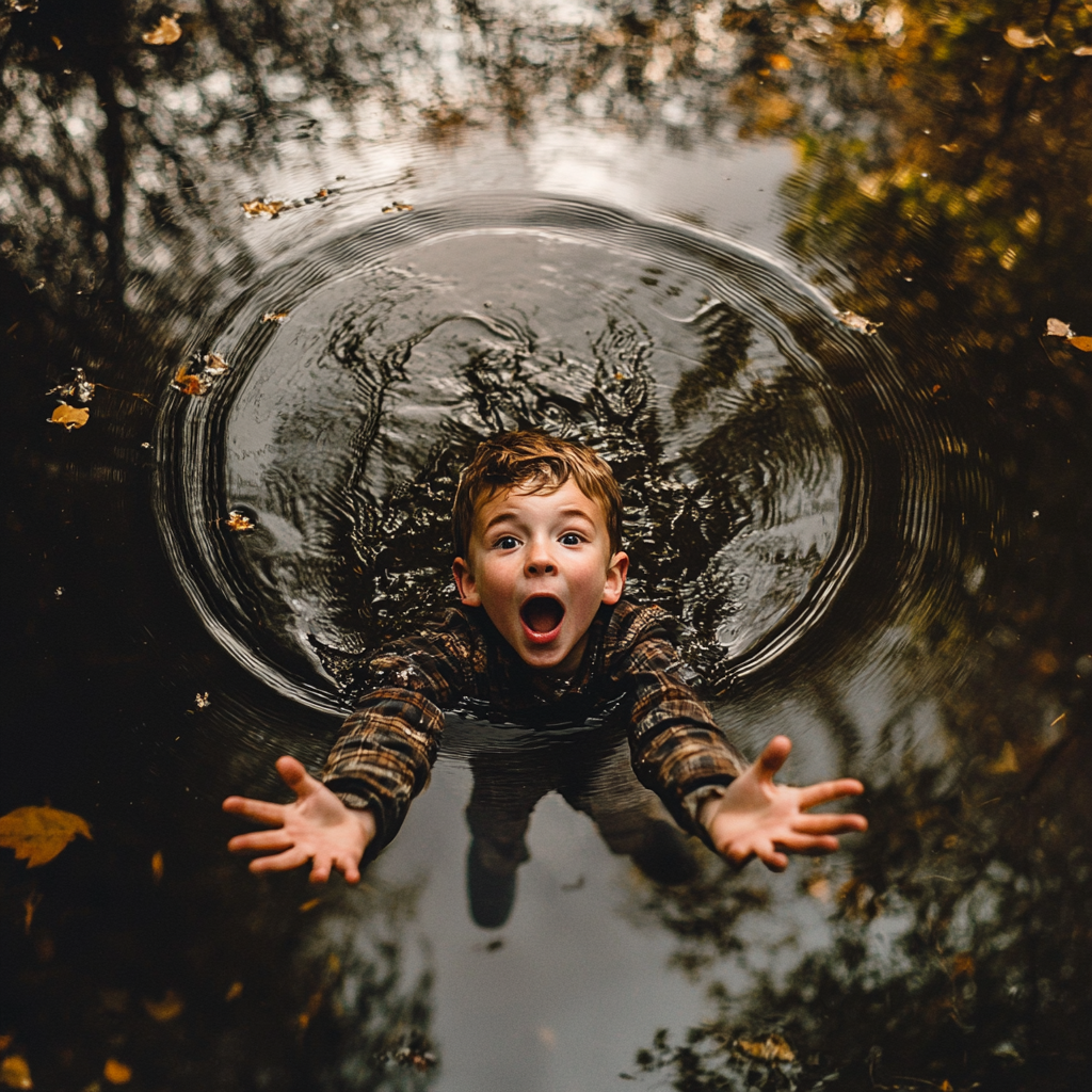 Boy falling in pond, expressive cinematic detail, Sony a7R4, 16mm lens