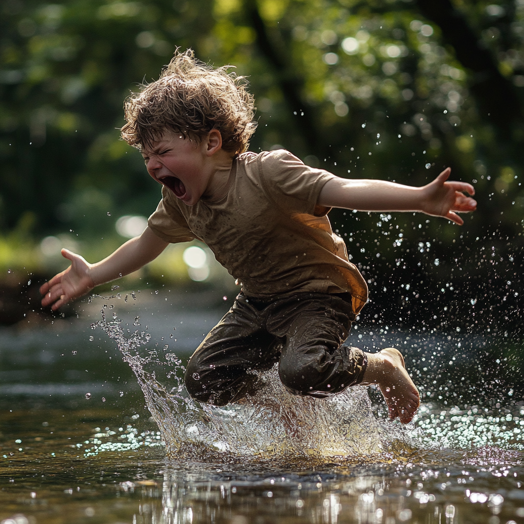 Boy falling into pond, screaming expression, cinematic, ultra-wide.