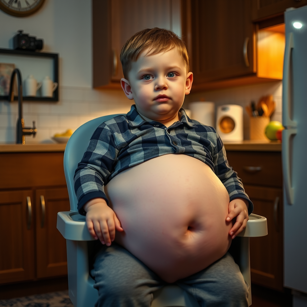 Boy in Pajamas Overeating Late Night in Kitchen