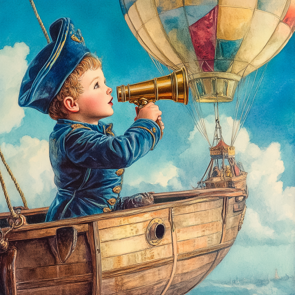 Boy in blue outfit looking through telescope on airship.