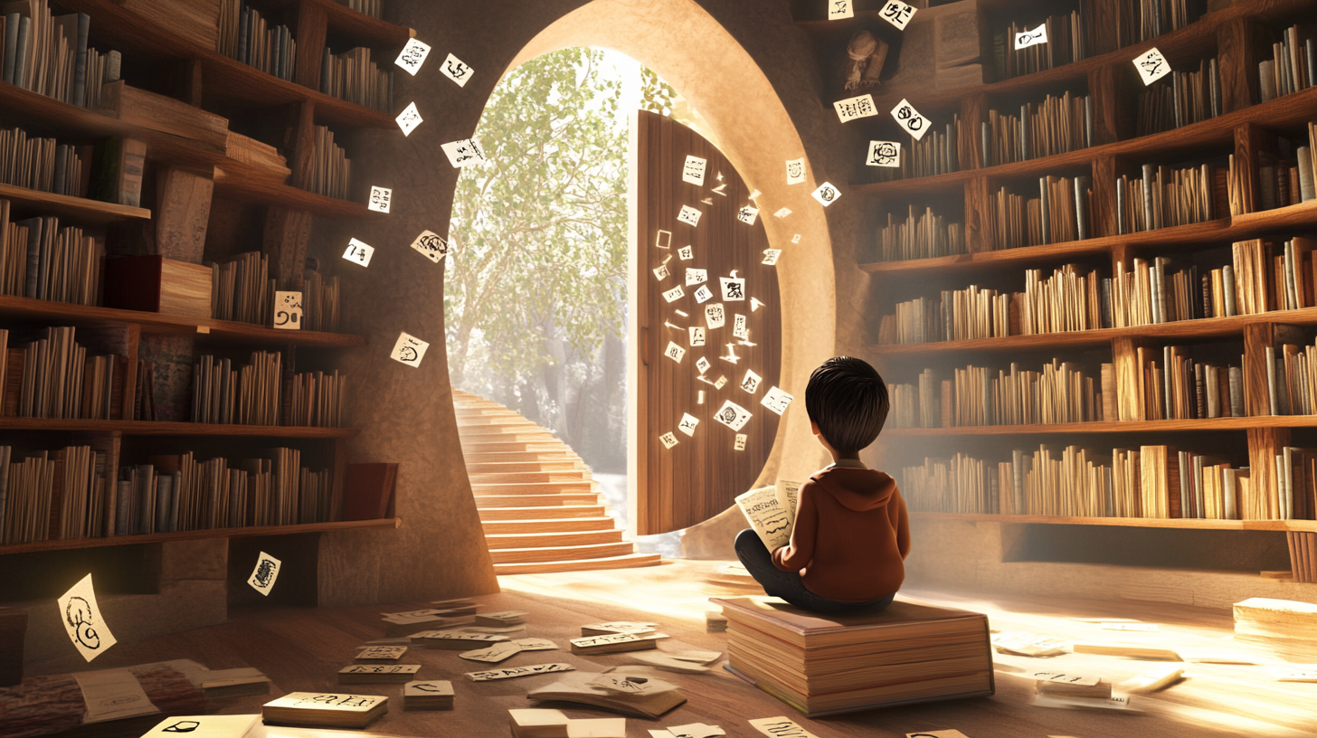 Boy in educational setting absorbing world's knowledge in books.