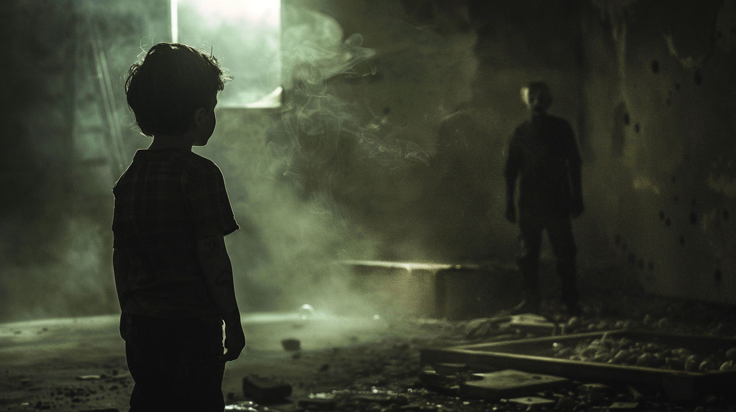 Boy in front of spooky scene with shadow figure