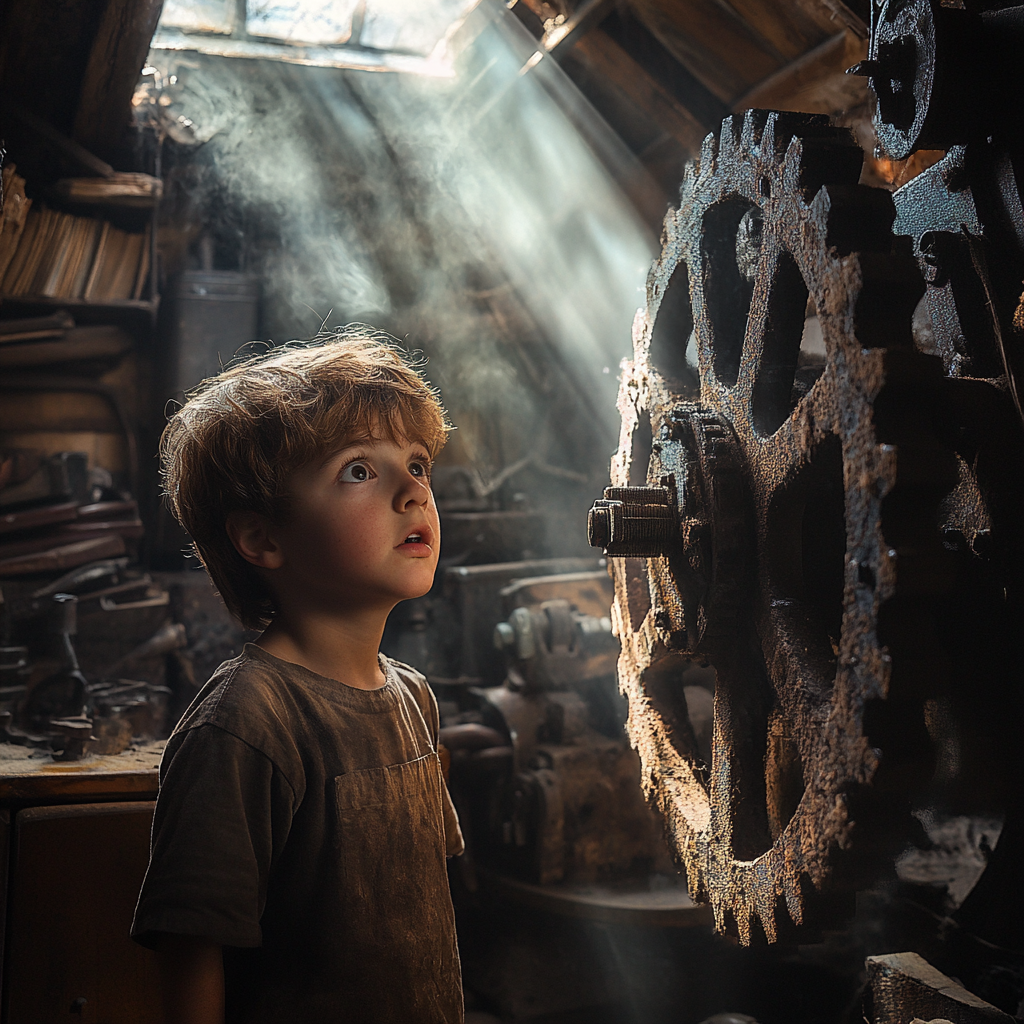 Boy in old attic with antique machinery, books.