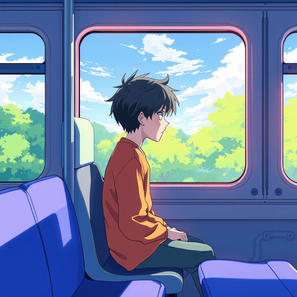 Boy in train, staring out window in anime.