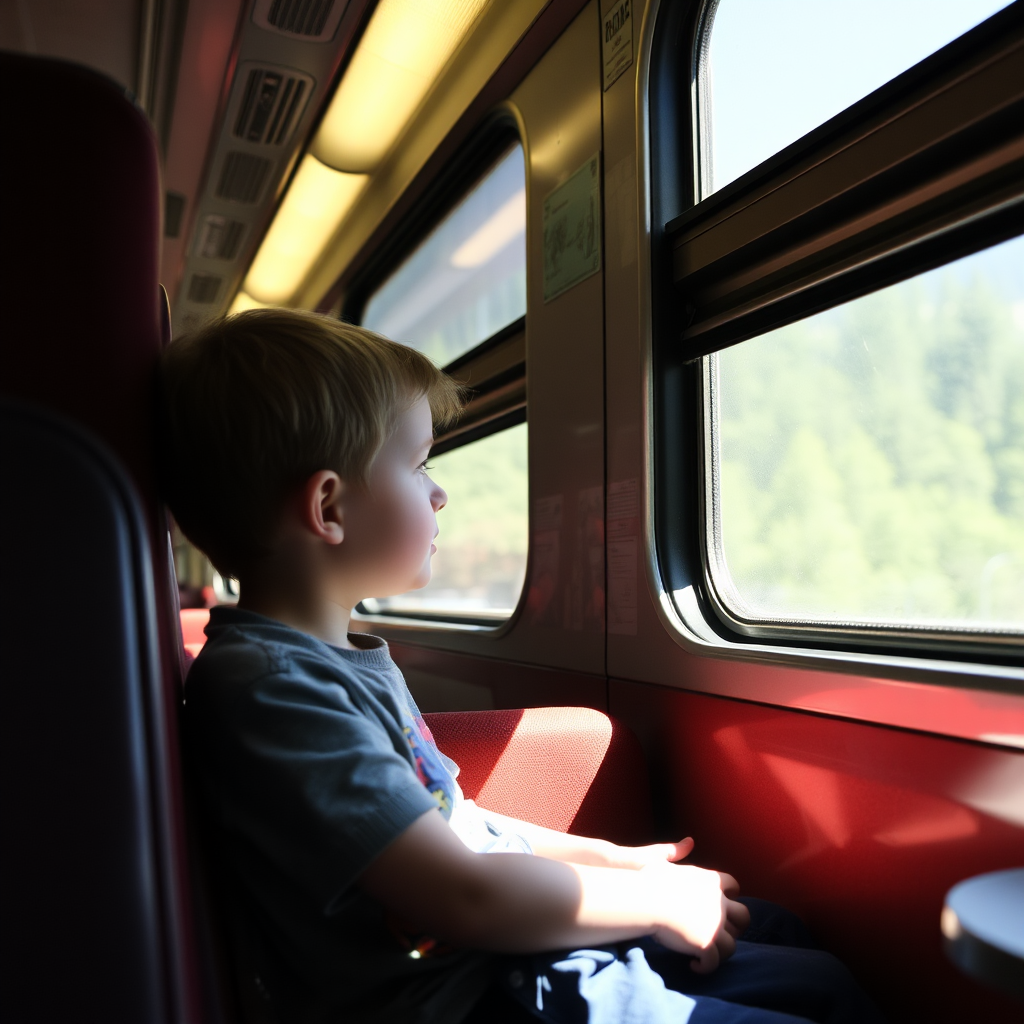 Boy in train looking out window.