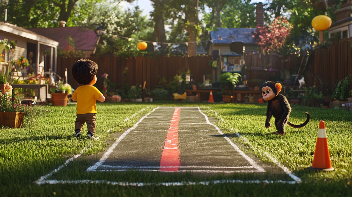 Boy in yellow shirt and monkey start race.