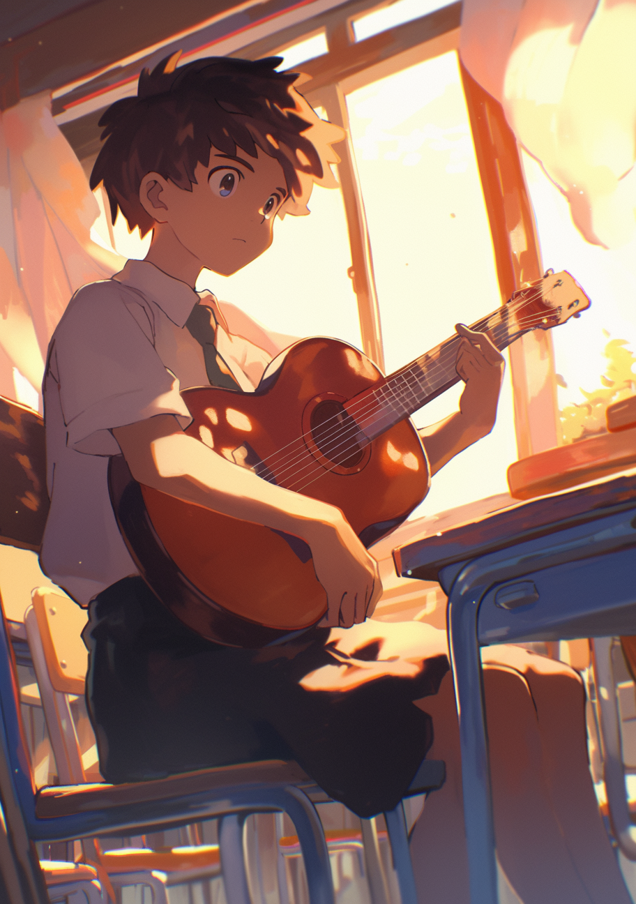 Boy playing guitar in Studio Ghibli anime style.