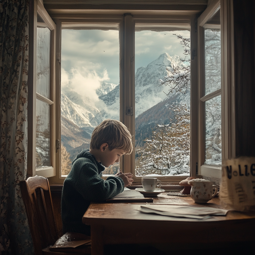 Boy studying in room with big window, drinking coffee.