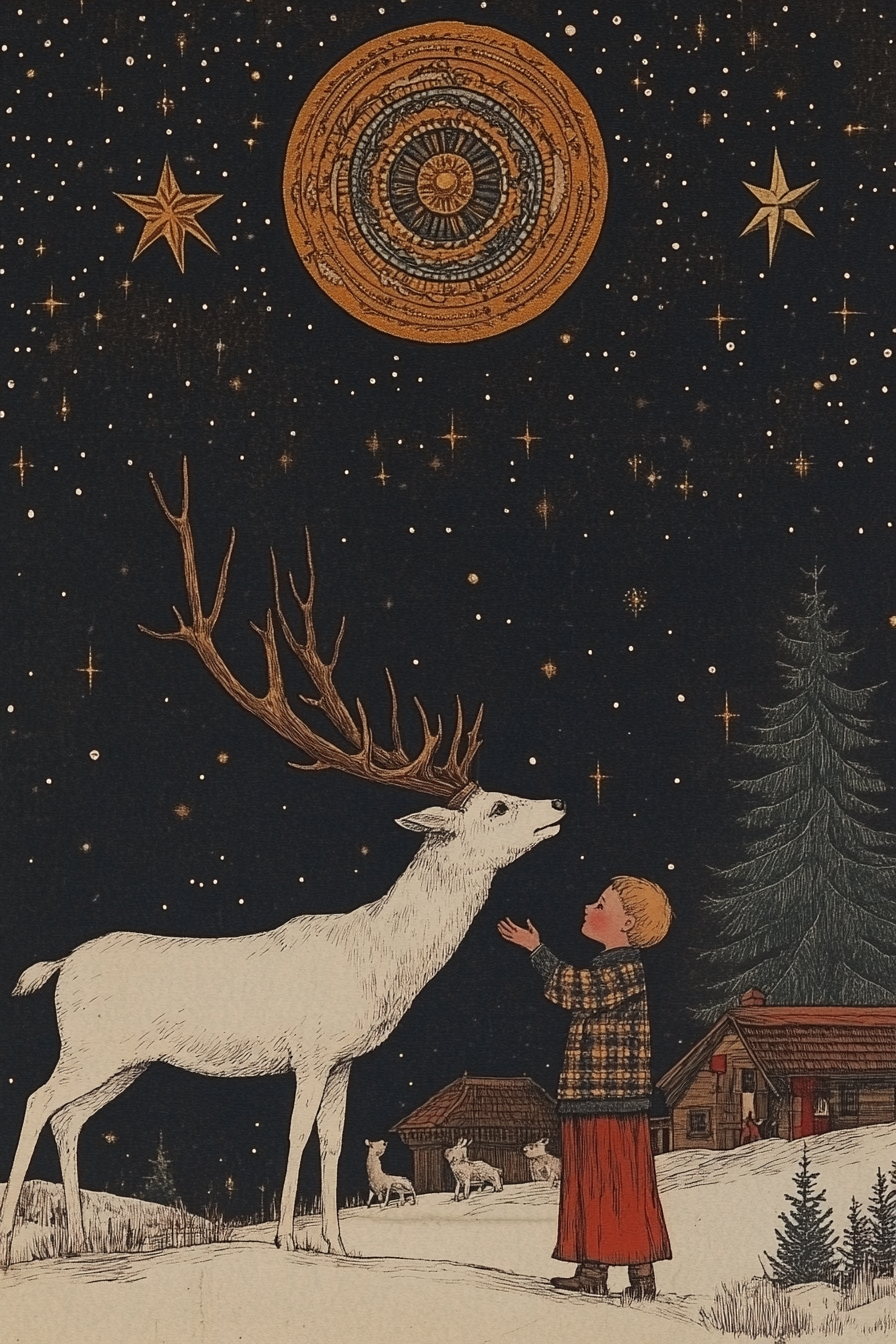 Boy with Deer on Night Sky Background, Slavic Folk Art