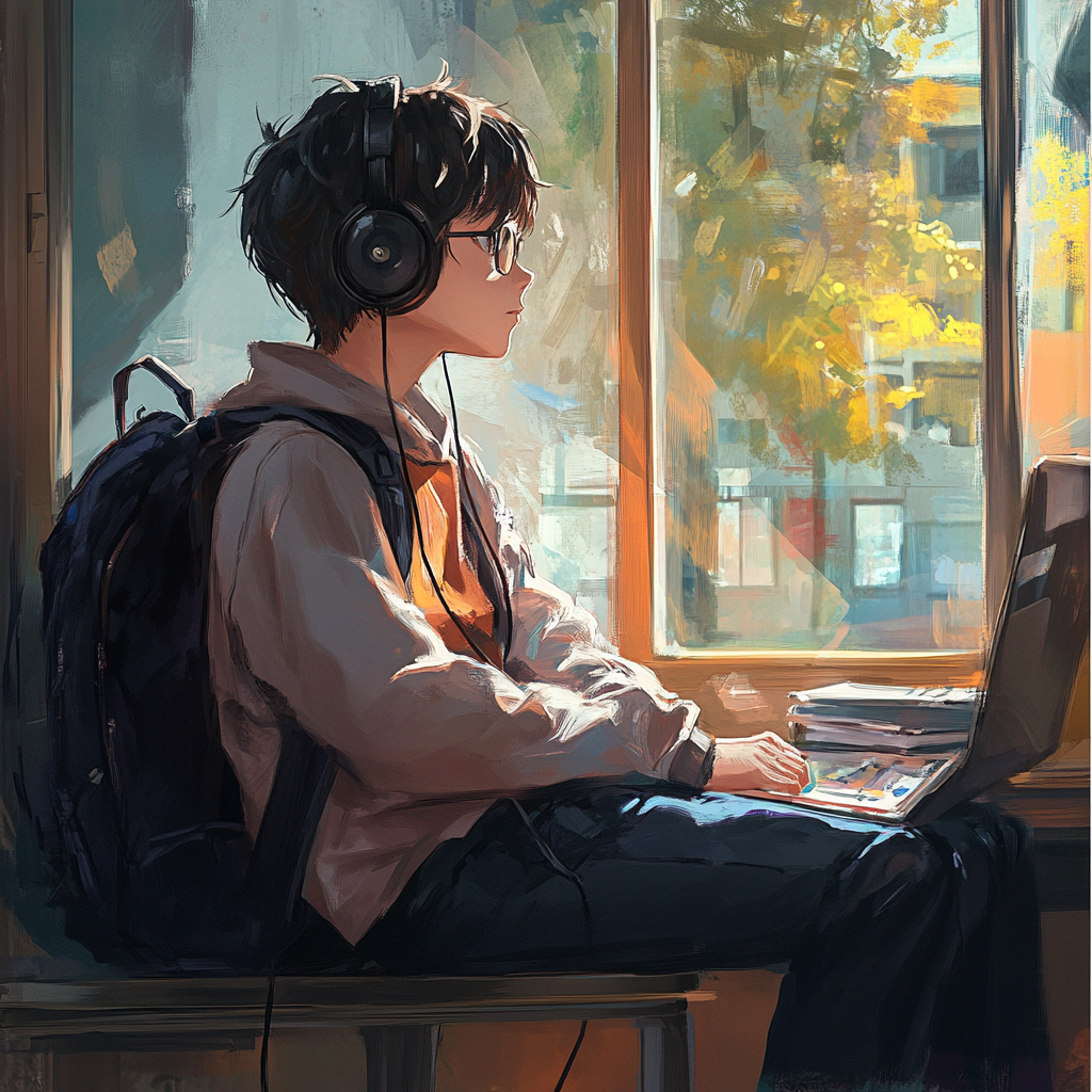 Boy with headphones relaxes by classroom window.