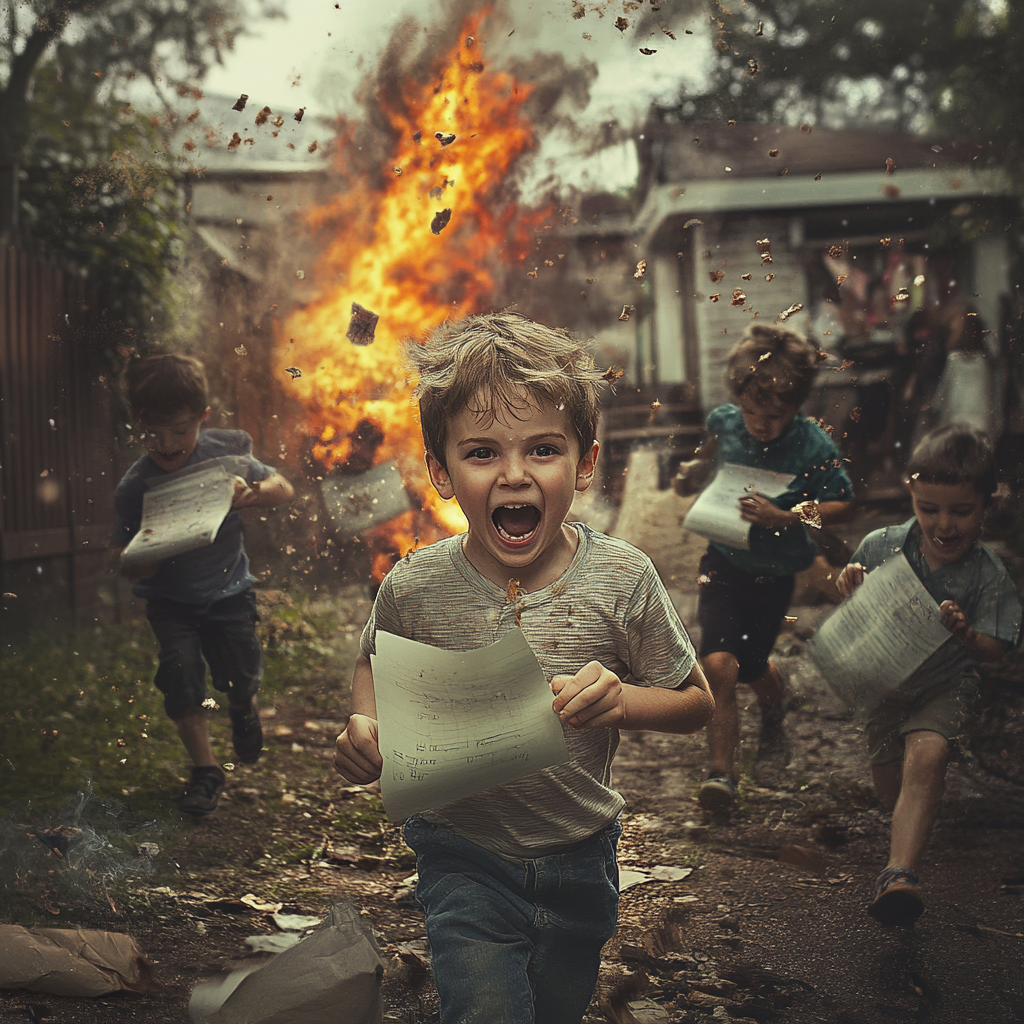 Boy with paper and pen staring, chaotic backyard scene.