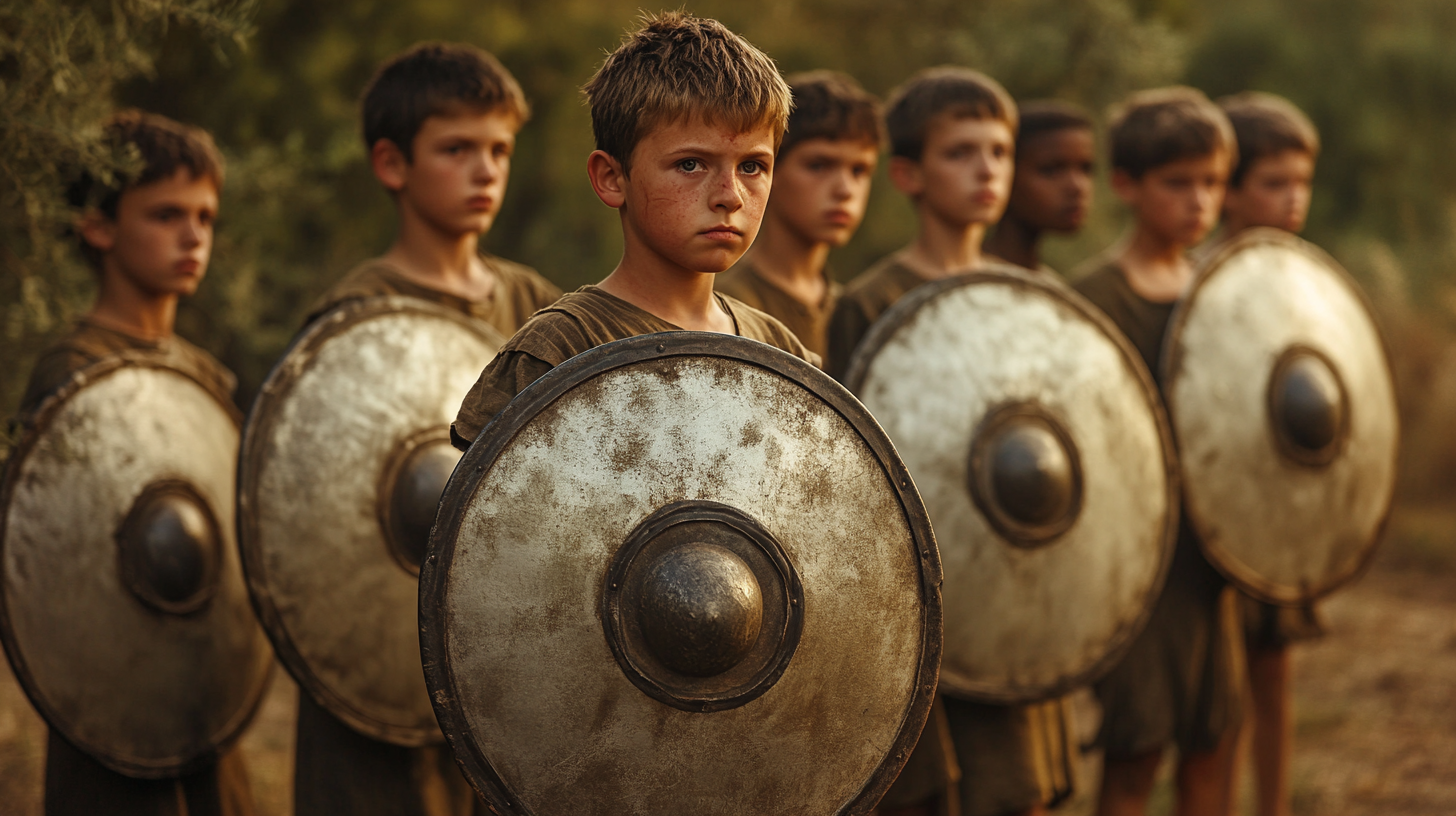 Boys learning defense formations, practicing disciplined hoplite drill together.