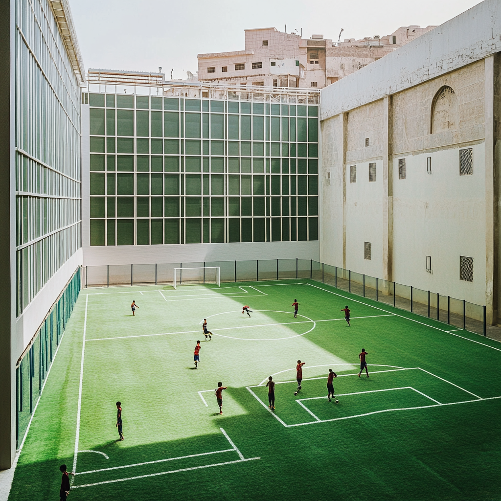 Boys play football in small stadium in Jeddah.