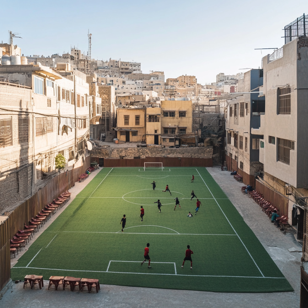 Boys playing football in historic Jeddah stadium. Vivid contrast.