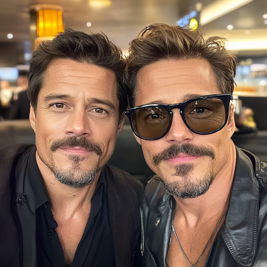 Brad Pitt and another man take selfie at airport.