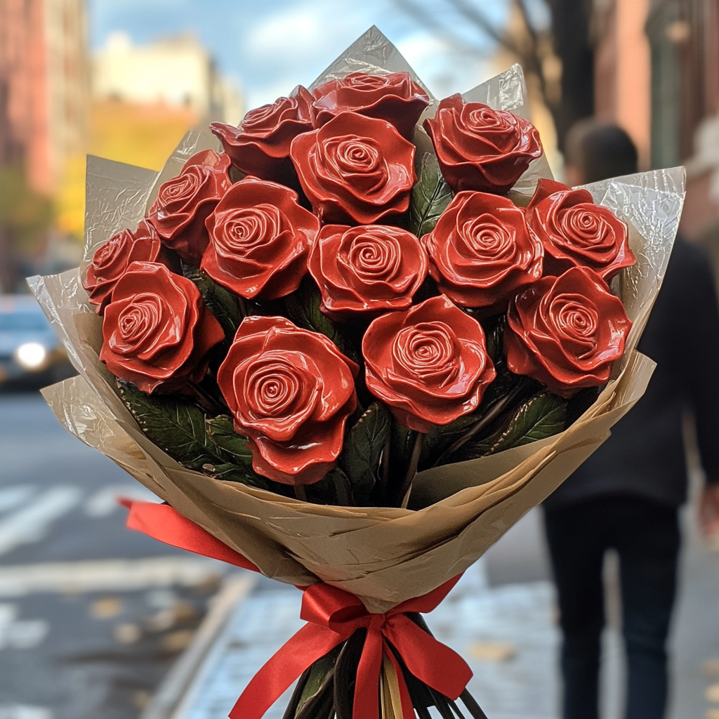 Brad Pitt holding a bouquet of chocolate roses.