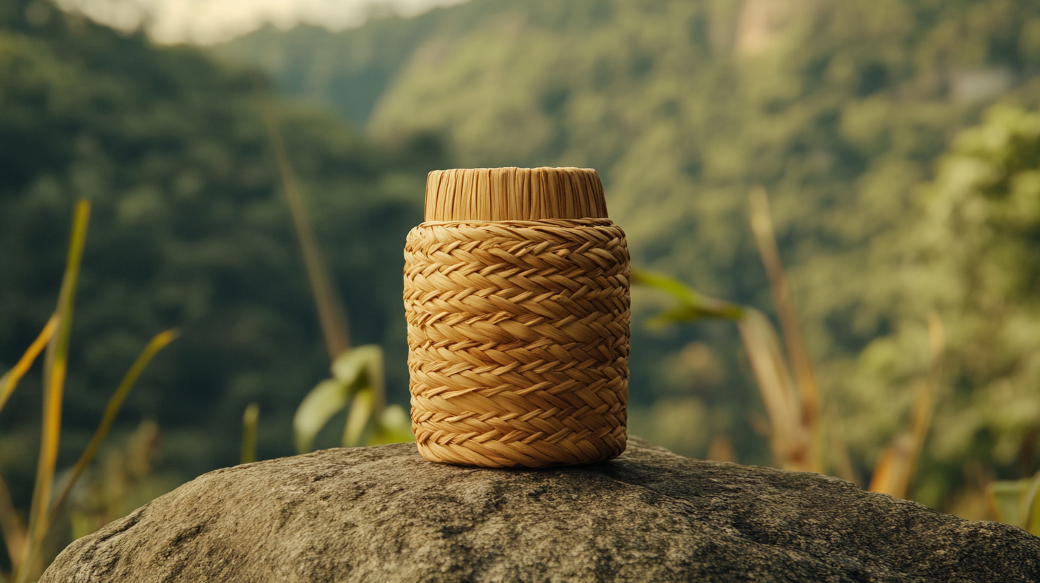 Braided corn husk jar on Brazilian rock with scenery.