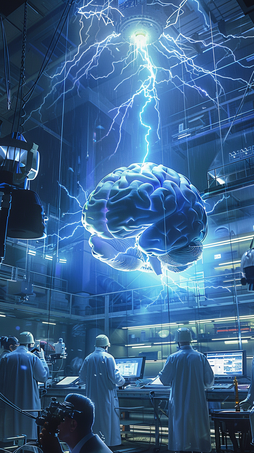 Brain in lab with lightning, scientists writing notes.