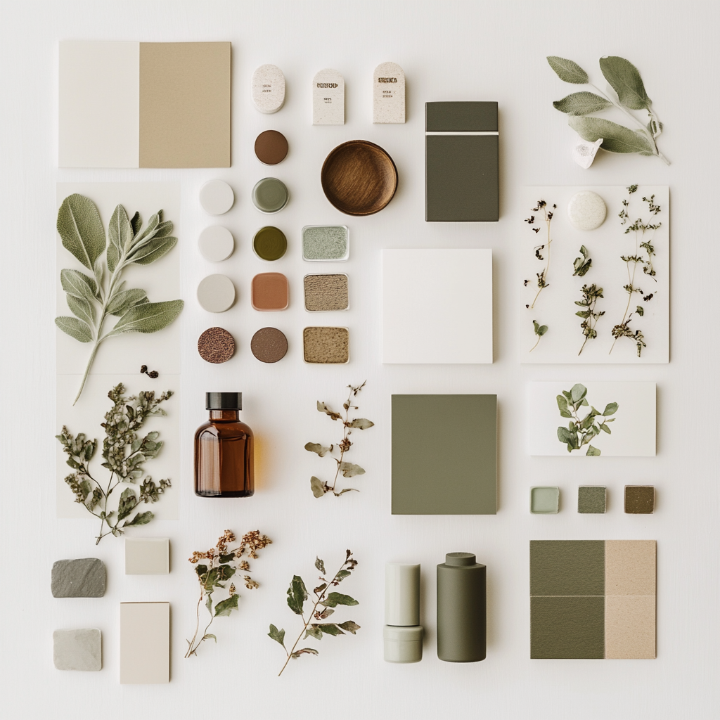 Brand guide for earthy skincare; green, brown, white tones.